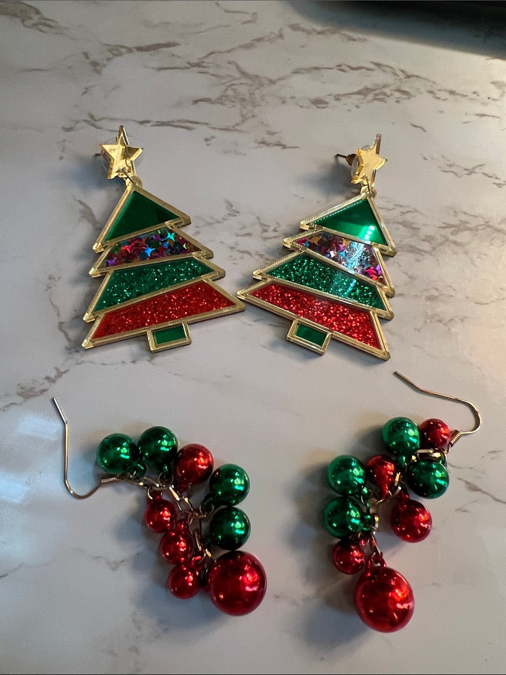 Festive Green & Red Christmas Tree and Ornament Earrings - Holiday Women Jewelry
